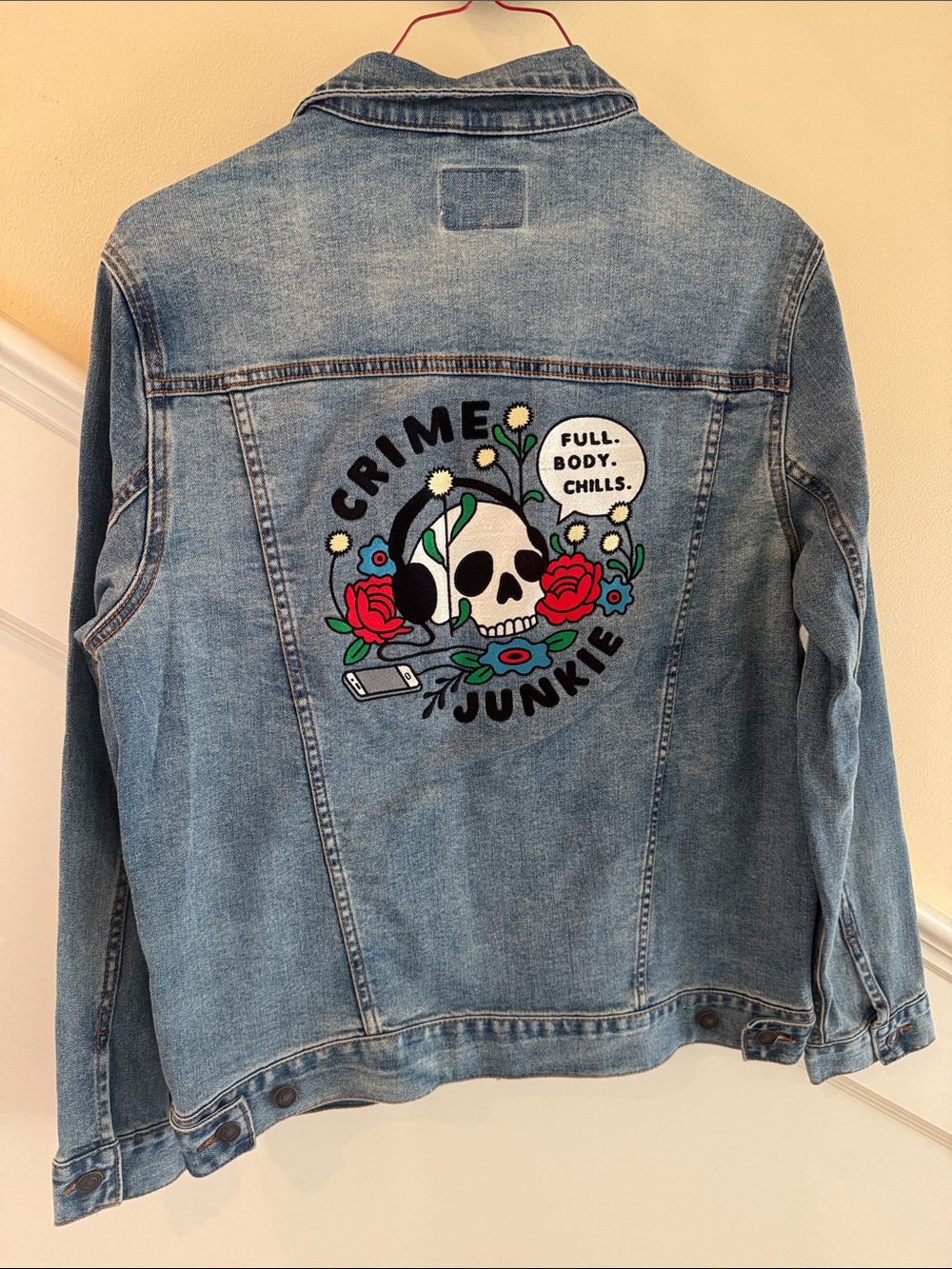 Crime Junkie Light Blue Denim Jean Jacket with Embroidered Skull Patch RARE